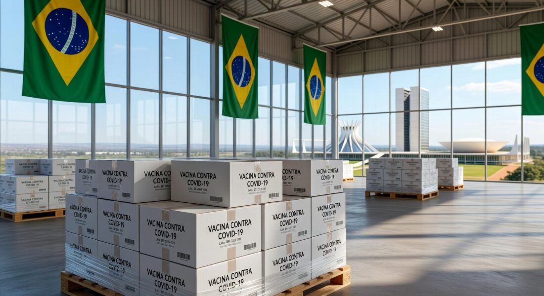 Caixas de vacinas contra Covid-19 em armazém de Brasília, representando remessa do Ministério da Saúde ao Distrito Federal.