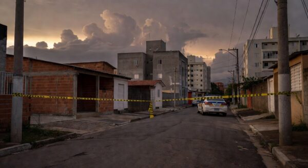 Rua em Samambaia com fita de isolamento policial e viatura, representando cena de crime no Distrito Federal.