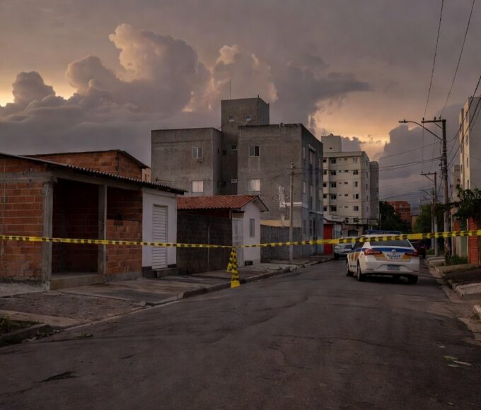Rua em Samambaia com fita de isolamento policial e viatura, representando cena de crime no Distrito Federal.