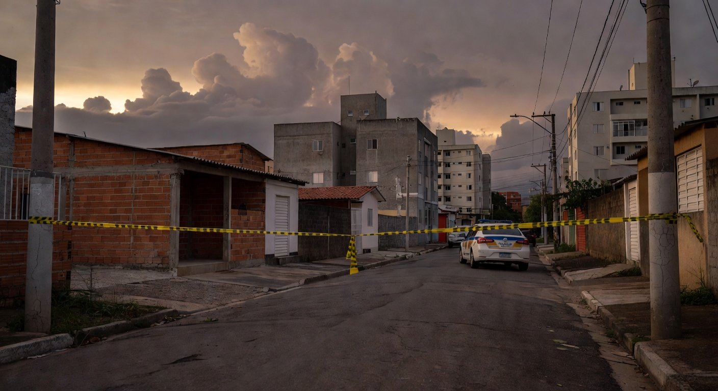 Rua em Samambaia com fita de isolamento policial e viatura, representando cena de crime no Distrito Federal.