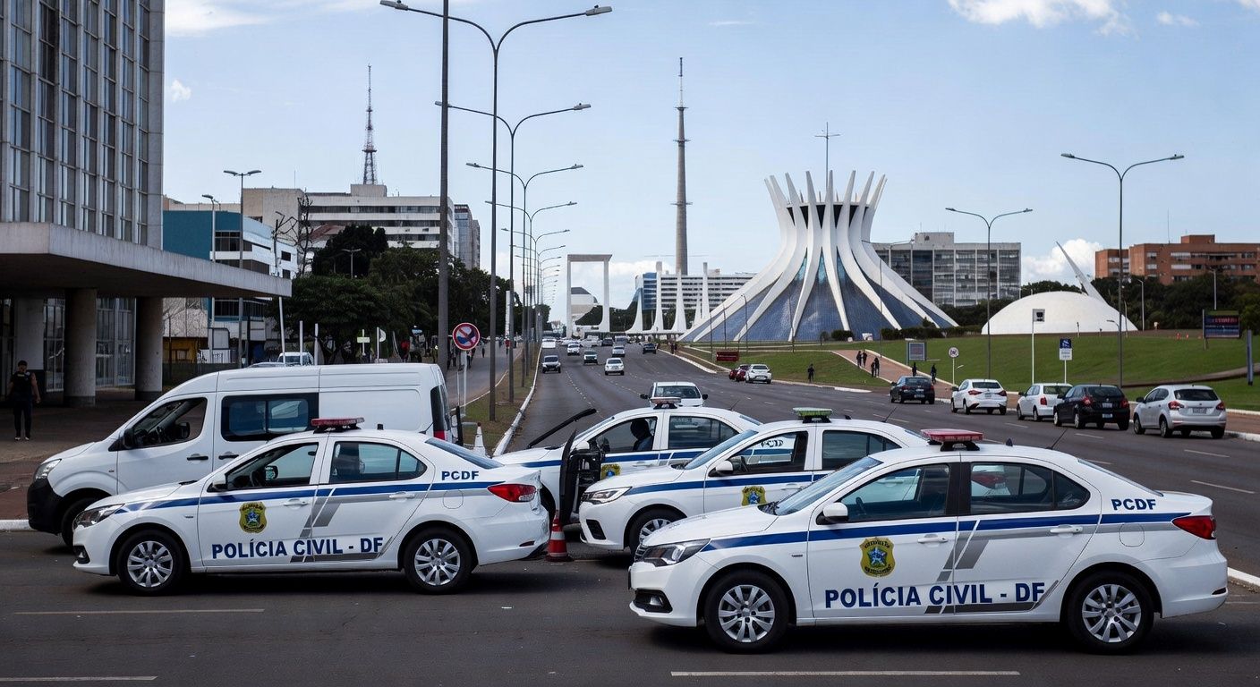 Viaturas da Polícia Civil do DF em operação de bloqueio de bens de traficantes em Brasília.