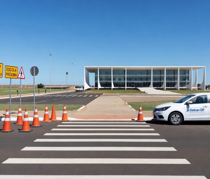 Imagem de rua em Brasília com sinalizações de trânsito para ações educativas de segurança viária do Detran-DF.
