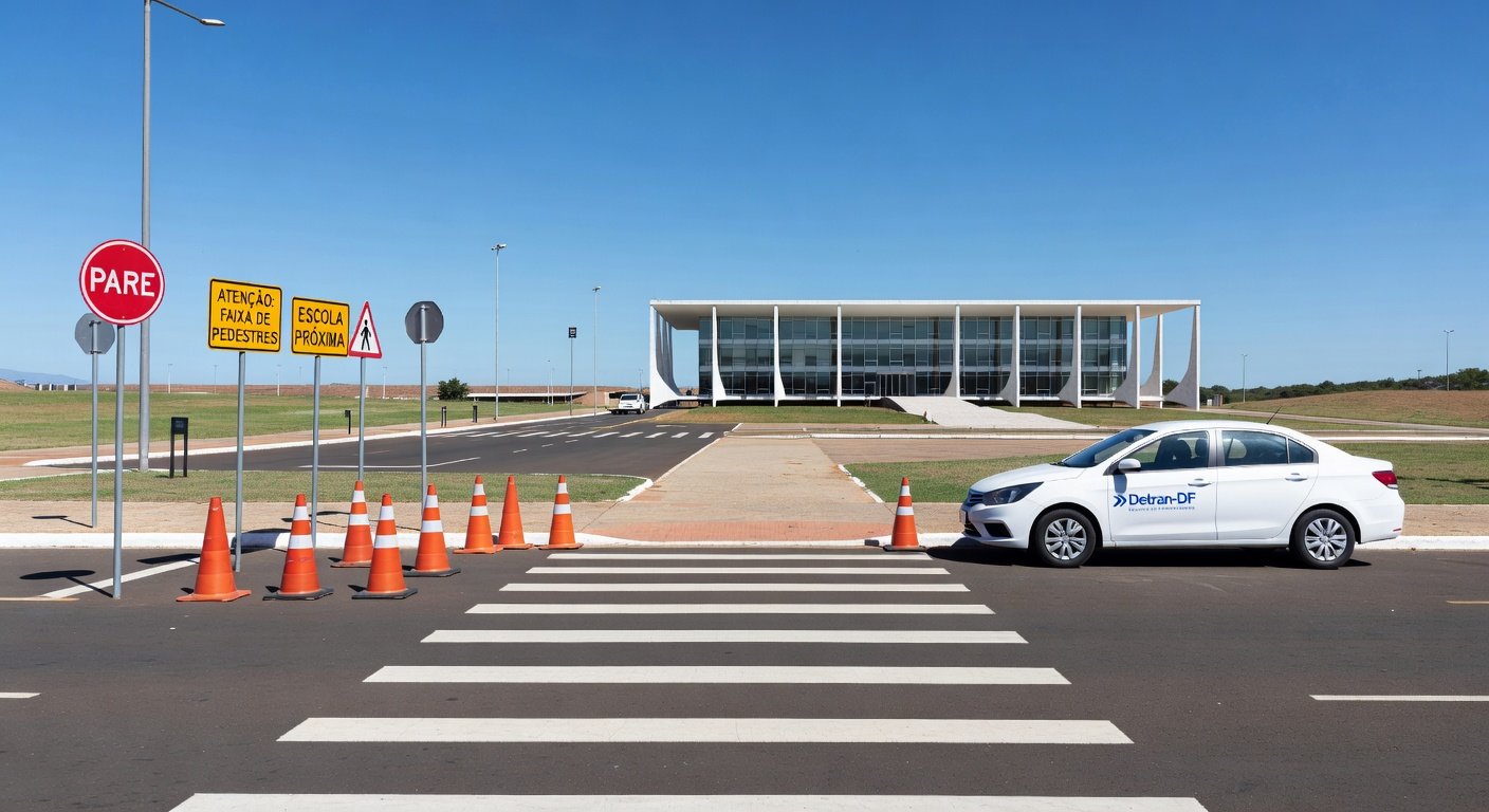 Imagem de rua em Brasília com sinalizações de trânsito para ações educativas de segurança viária do Detran-DF.