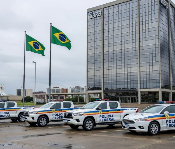 Viaturas da Polícia Federal em frente ao edifício do BRB em Brasília, representando operação de prisão.