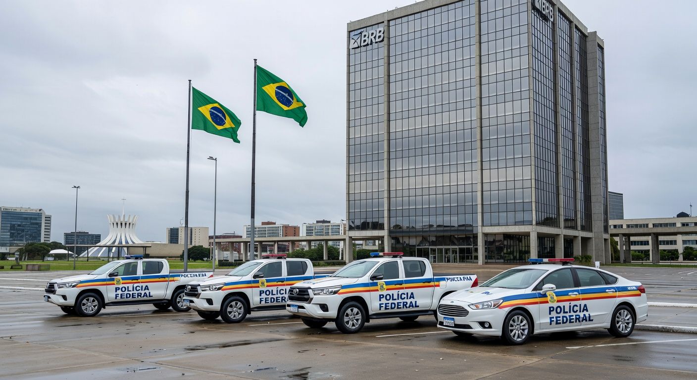 Viaturas da Polícia Federal em frente ao edifício do BRB em Brasília, representando operação de prisão.