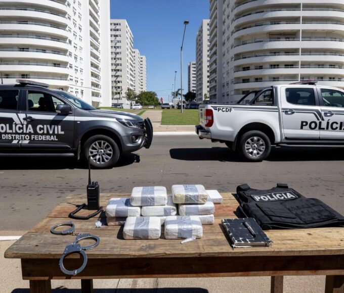 Operação policial da Polícia Civil do DF contra tráfico de drogas em Brasília, com viaturas e itens confiscados.