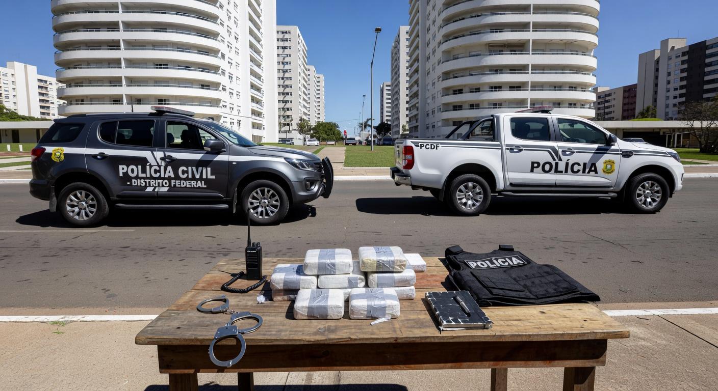 Operação policial da Polícia Civil do DF contra tráfico de drogas em Brasília, com viaturas e itens confiscados.