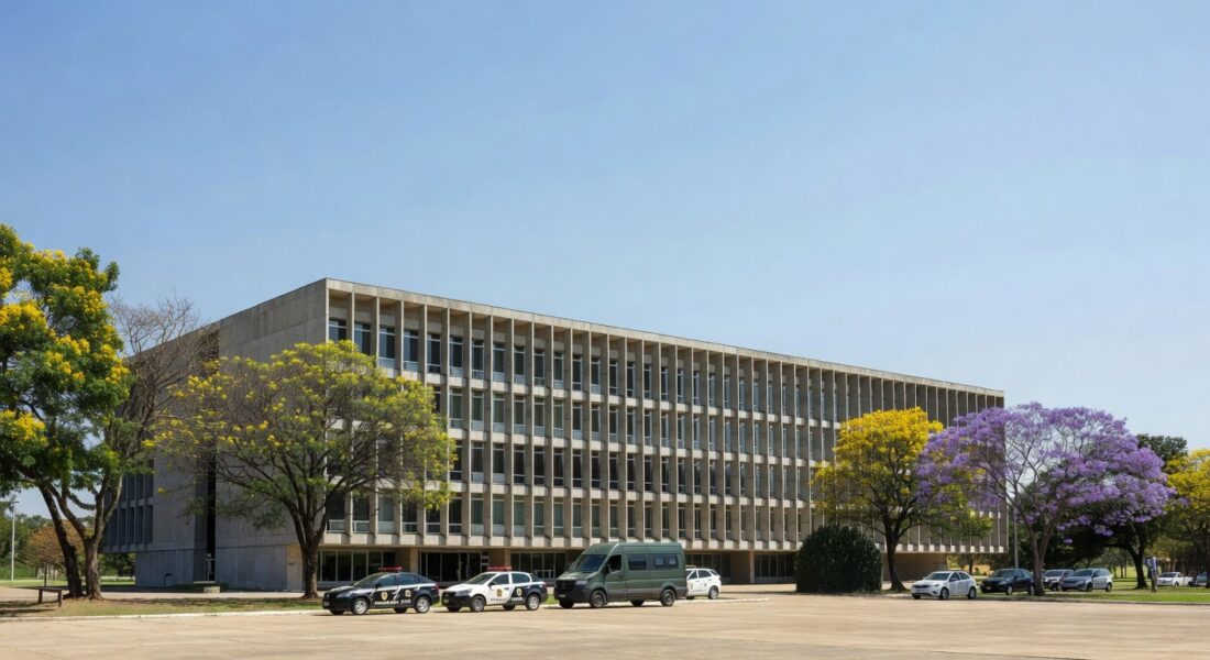 Fachada do Fórum de Planaltina com viaturas policiais, representando interrogatório em caso de chacina familiar.