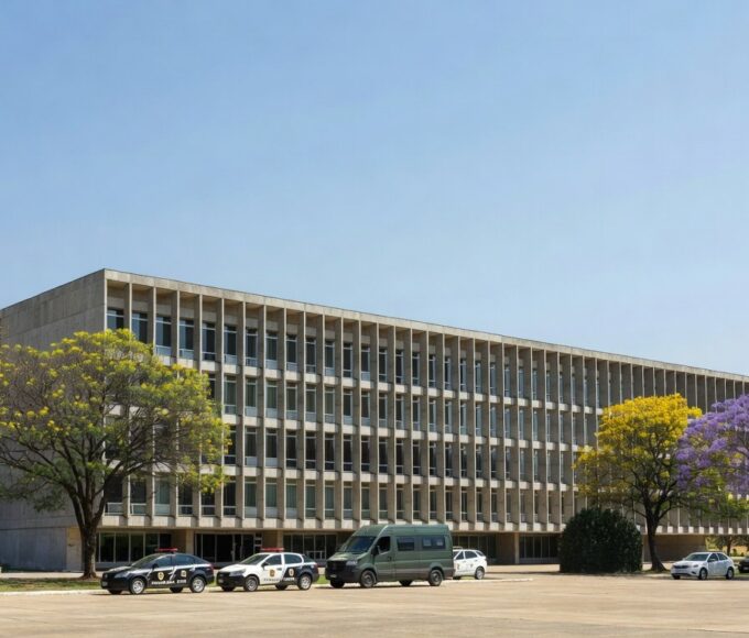 Fachada do Fórum de Planaltina com viaturas policiais, representando interrogatório em caso de chacina familiar.