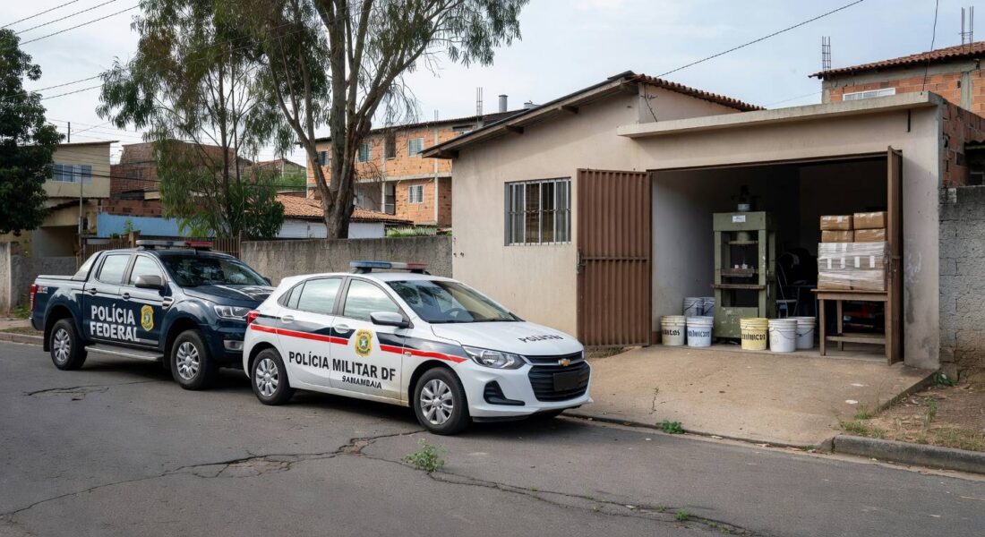 Viaturas da PF e PM em operação contra laboratório de haxixe em Samambaia, DF, com equipamentos apreendidos.