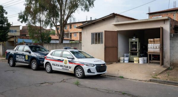 Viaturas da PF e PM em operação contra laboratório de haxixe em Samambaia, DF, com equipamentos apreendidos.