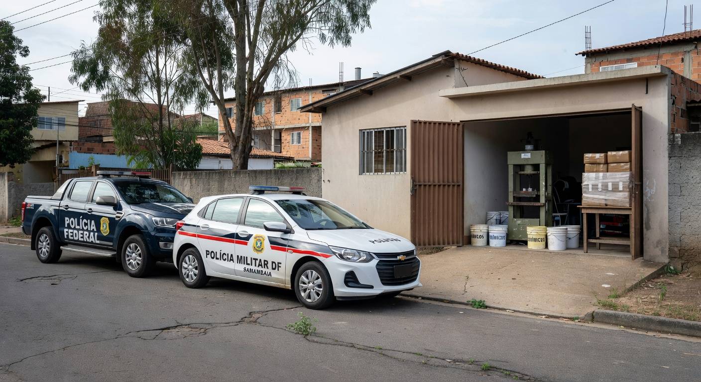 Viaturas da PF e PM em operação contra laboratório de haxixe em Samambaia, DF, com equipamentos apreendidos.