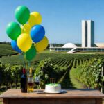 Vinhedos da Vinícola Brasília com vista para monumentos da capital, celebrando 2 anos com lançamentos exclusivos e homenagem aos 66 anos.