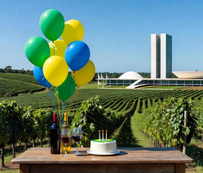 Vinhedos da Vinícola Brasília com vista para monumentos da capital, celebrando 2 anos com lançamentos exclusivos e homenagem aos 66 anos.