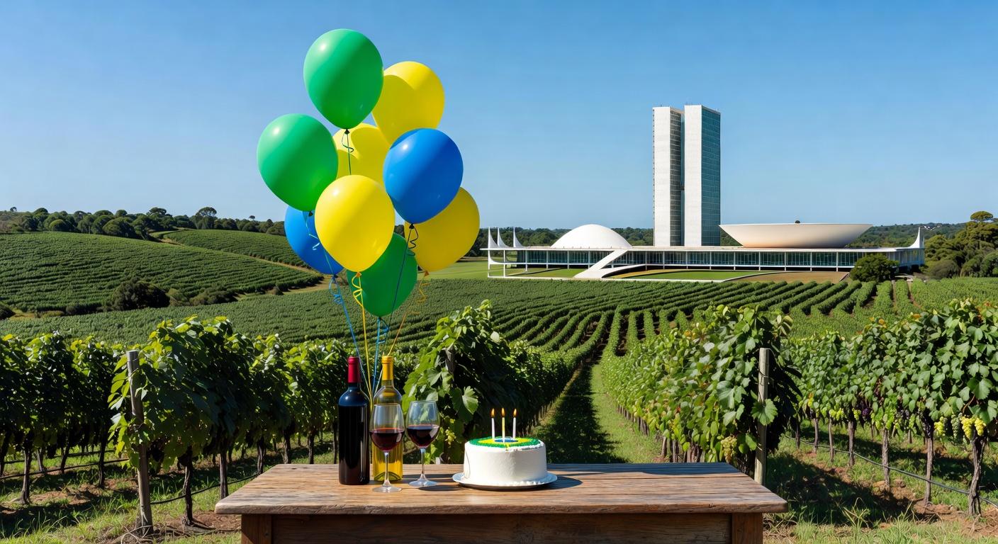 Vinhedos da Vinícola Brasília com vista para monumentos da capital, celebrando 2 anos com lançamentos exclusivos e homenagem aos 66 anos.
