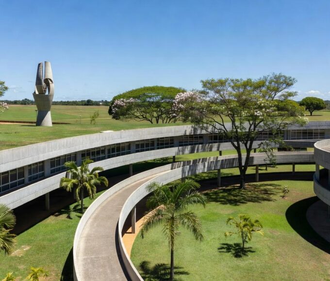 Edifícios escolares modernistas em Brasília, celebrando 66 anos da cidade, com arquitetura inovadora e horizonte plano.