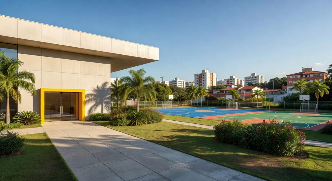 Ginásio esportivo de Samambaia após reforma de R$ 1,2 milhão, fachada moderna em ambiente urbano do Distrito Federal.