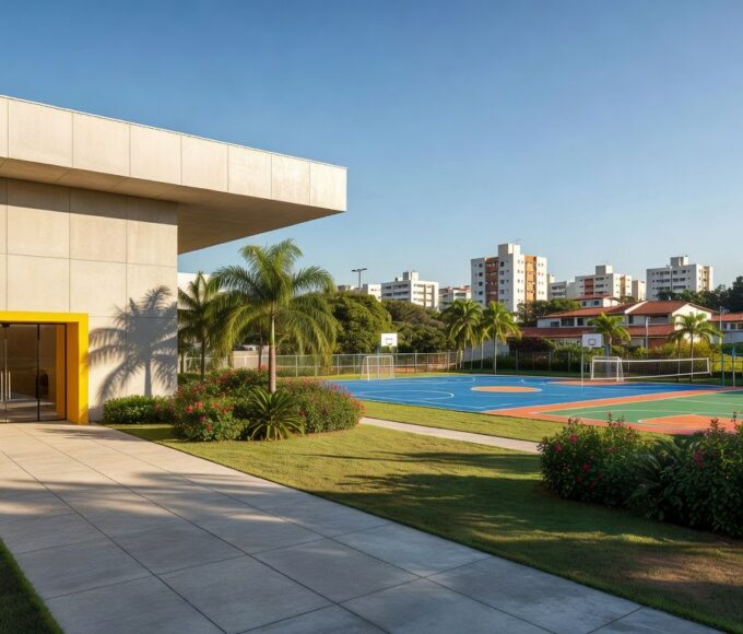 Ginásio esportivo de Samambaia após reforma de R$ 1,2 milhão, fachada moderna em ambiente urbano do Distrito Federal.