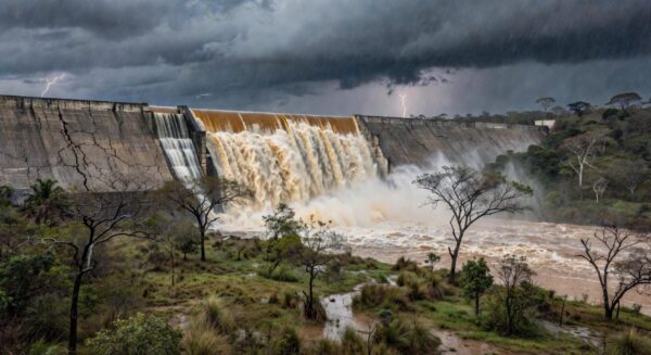 Barragem de Santa Maria transbordando no DF, expondo riscos de inundações após quatro anos.