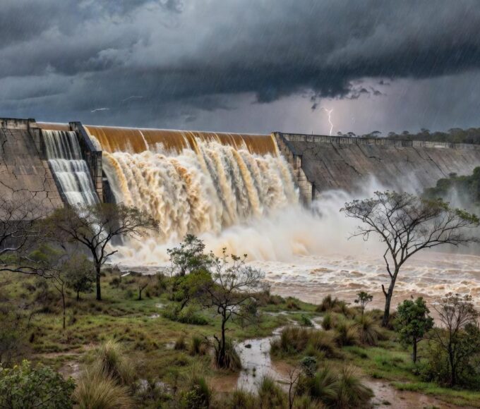 Barragem de Santa Maria transbordando no DF, expondo riscos de inundações após quatro anos.