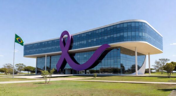 Edifício da Sejus-DF em Brasília com símbolo contra violência doméstica, representando ampliação de programas para 1,5 mil trabalhadores.