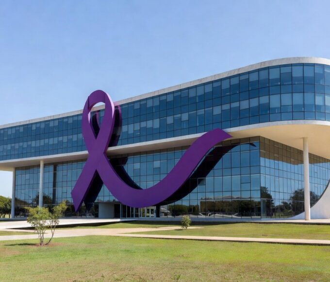 Edifício da Sejus-DF em Brasília com símbolo contra violência doméstica, representando ampliação de programas para 1,5 mil trabalhadores.