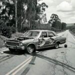 Carro acidentado em rodovia brasileira, simbolizando investigação sobre assassinato de Juscelino Kubitschek pela ditadura militar.