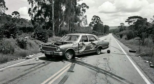 Carro acidentado em rodovia brasileira, simbolizando investigação sobre assassinato de Juscelino Kubitschek pela ditadura militar.