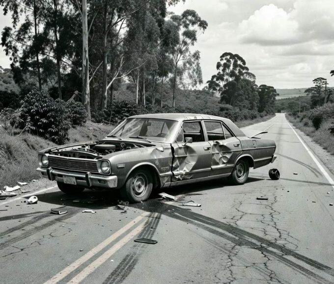 Carro acidentado em rodovia brasileira, simbolizando investigação sobre assassinato de Juscelino Kubitschek pela ditadura militar.