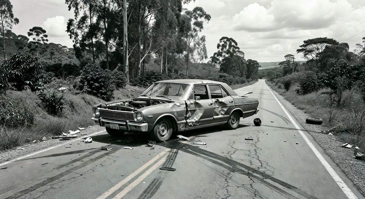 Carro acidentado em rodovia brasileira, simbolizando investigação sobre assassinato de Juscelino Kubitschek pela ditadura militar.
