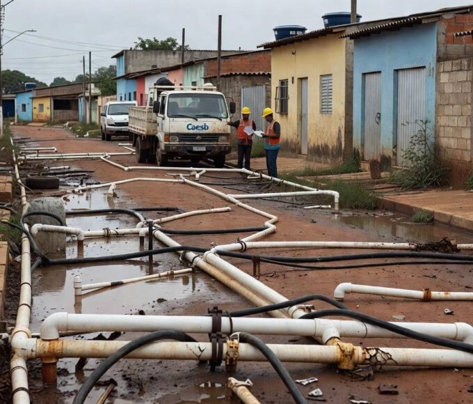 Ligações clandestinas de água em rua de Sucupira, DF, com tubulações expostas e poças contaminadas, agravando riscos à saúde.