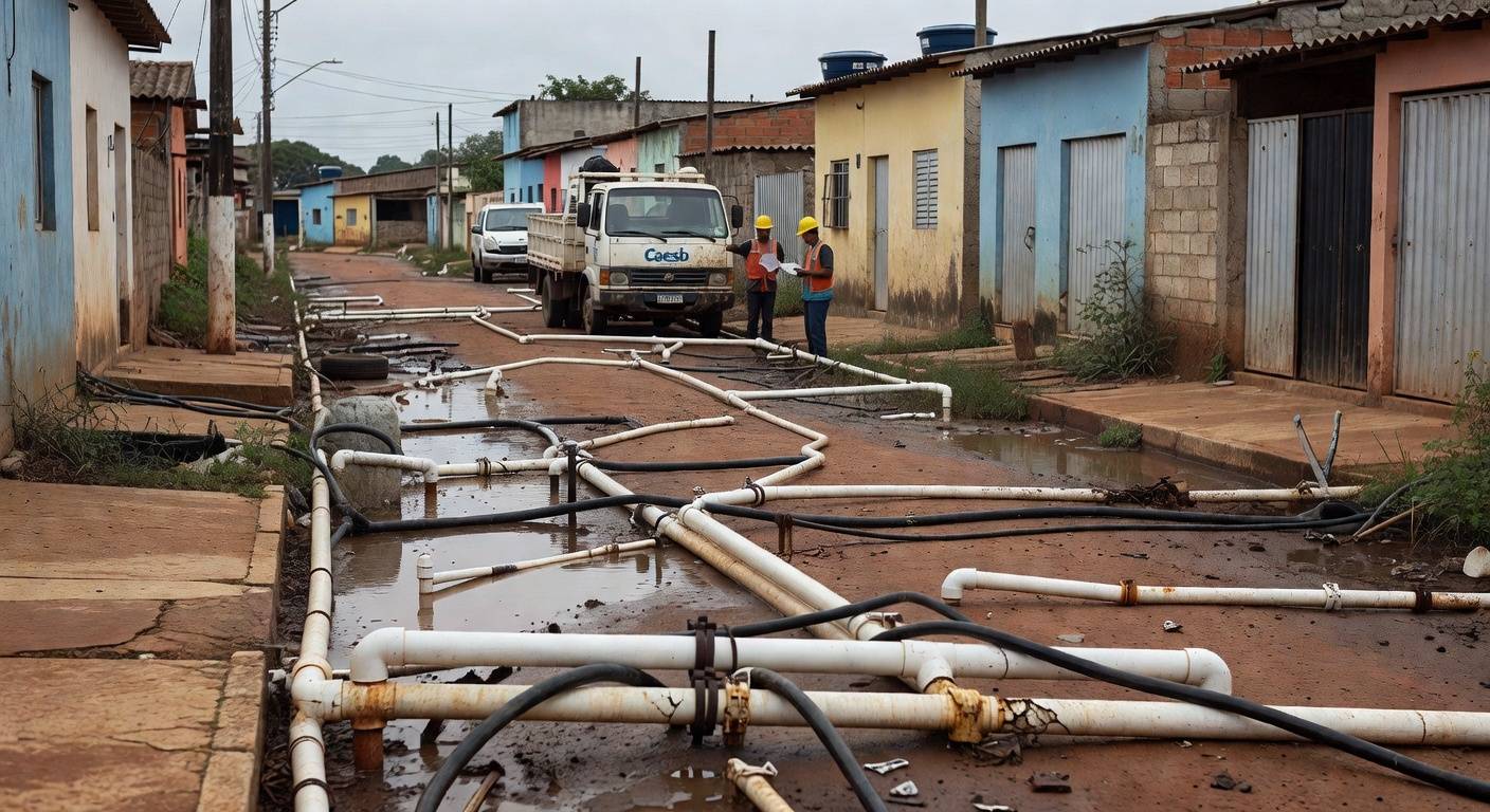 Ligações clandestinas de água em rua de Sucupira, DF, com tubulações expostas e poças contaminadas, agravando riscos à saúde.