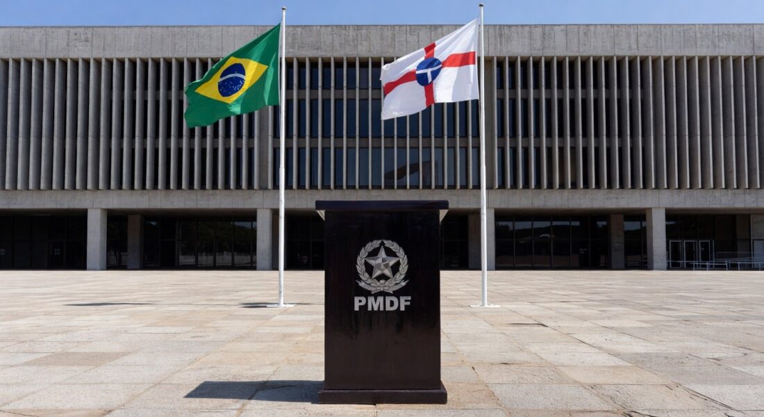 Cerimônia oficial no Palácio do Buriti com bandeiras e insígnias da PMDF em Brasília.