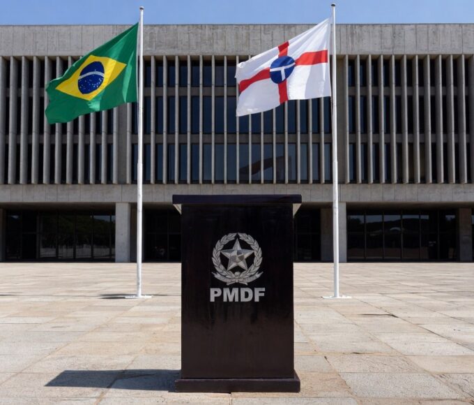 Cerimônia oficial no Palácio do Buriti com bandeiras e insígnias da PMDF em Brasília.