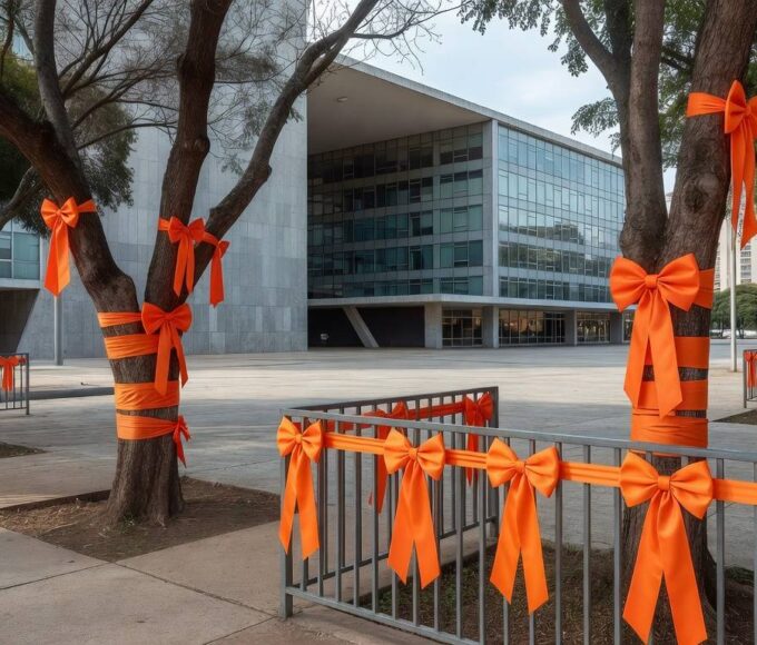 Fita laranja da campanha Maio Laranja do MPDFT em praça de Brasília