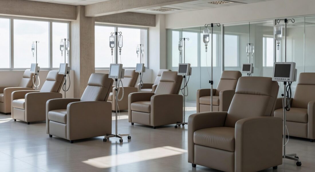 Sala de infusão hospitalar vazia em Brasília representando falta de tratamento