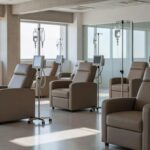 Sala de infusão hospitalar vazia em Brasília representando falta de tratamento