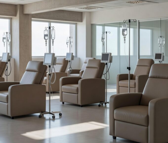 Sala de infusão hospitalar vazia em Brasília representando falta de tratamento