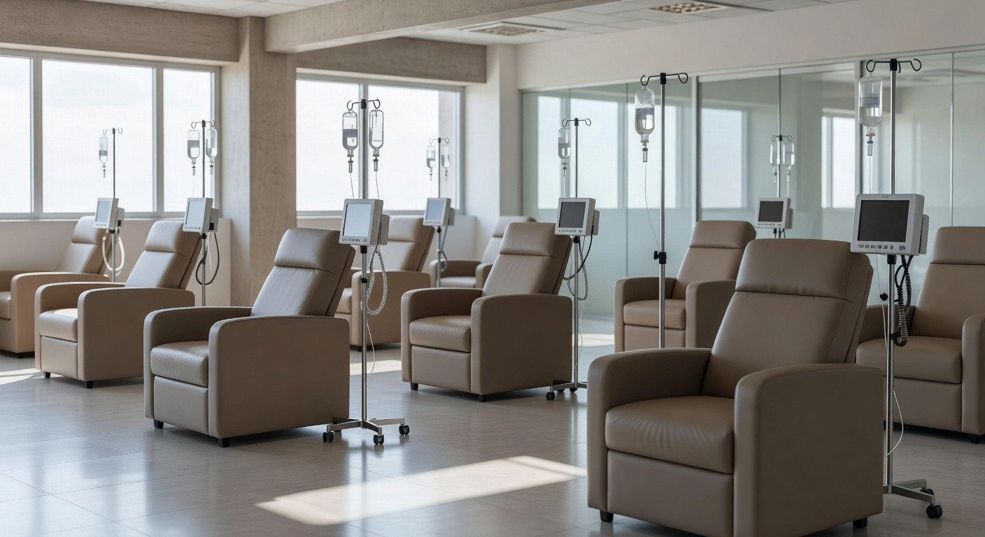 Sala de infusão hospitalar vazia em Brasília representando falta de tratamento