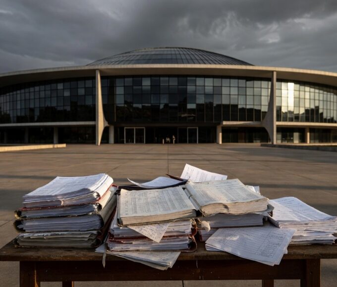 Prédios públicos deteriorados em Brasília representando colapso na educação, saúde e cultura