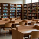 Baias de estudo e estantes com livros novos na biblioteca de Samambaia