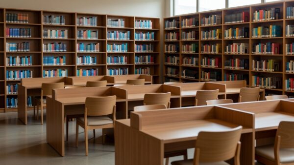 Baias de estudo e estantes com livros novos na biblioteca de Samambaia