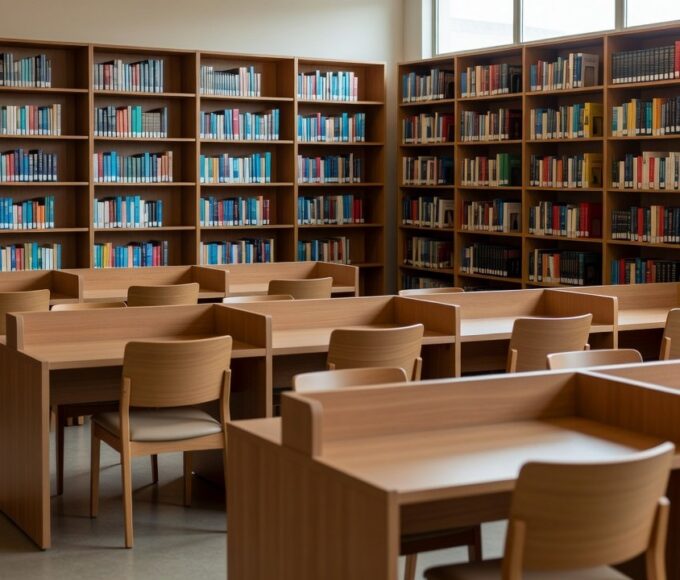Baias de estudo e estantes com livros novos na biblioteca de Samambaia