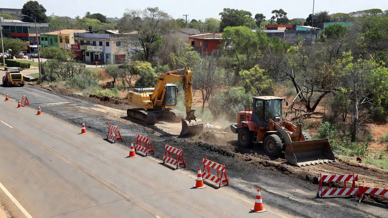 Obras de pavimentação na Avenida Contorno em Vicente Pires, Brasília, com máquinas e barreiras na via