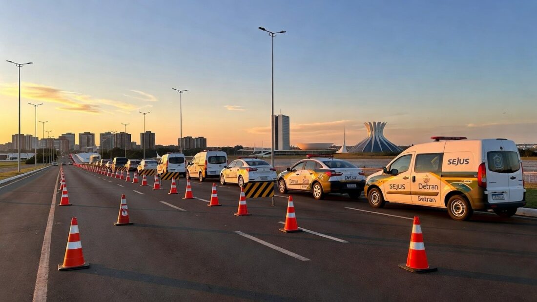 Blitz educativa do Detran e Sejus contra drogas em Brasília com viaturas policiais