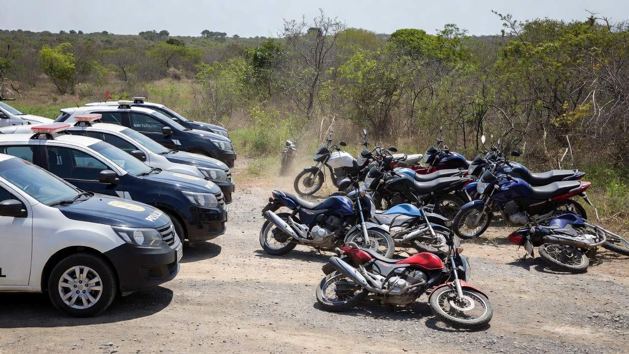 Viaturas da Polícia Civil com motocicletas apreendidas em operação na Bahia