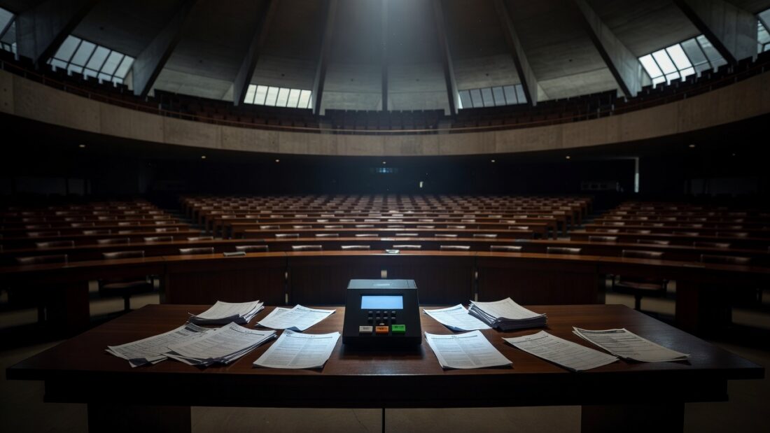 Sala vazia na CLDF com urnas eletrônicas representando falhas do sistema eleitoral