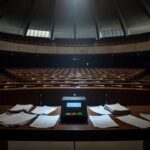 Sala vazia na CLDF com urnas eletrônicas representando falhas do sistema eleitoral