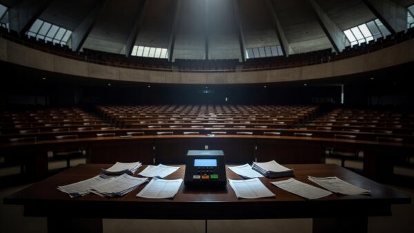 Sala vazia na CLDF com urnas eletrônicas representando falhas do sistema eleitoral
