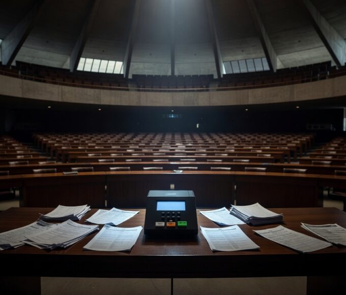 Sala vazia na CLDF com urnas eletrônicas representando falhas do sistema eleitoral